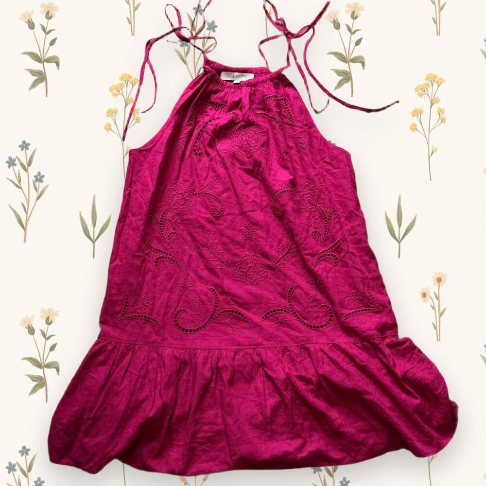Hot Pink Tie Strap Loft Eyelet Linen Blend Paisley Revivalist Ruffle Dress Med